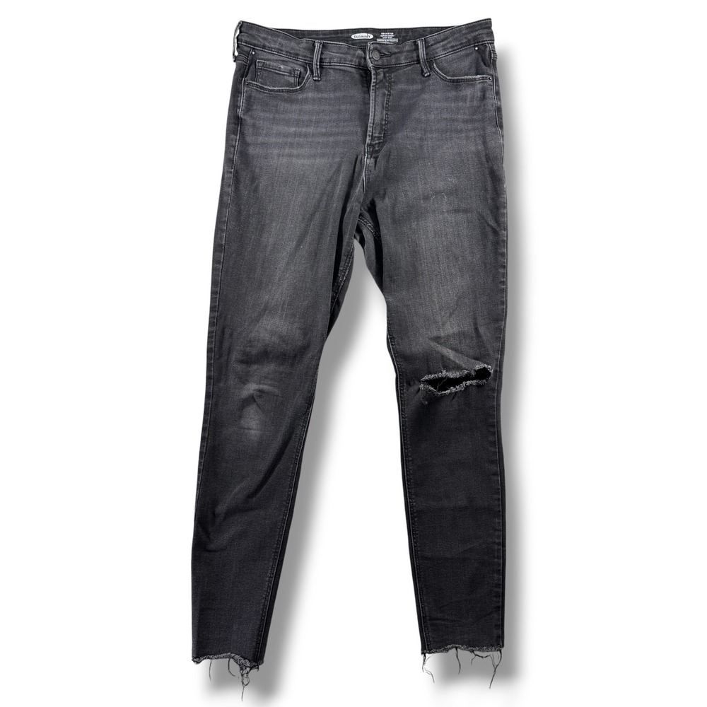 Old Navy Rockstar Super Skinny High Rise Jeans Black Distressed Raw Hem Size 12